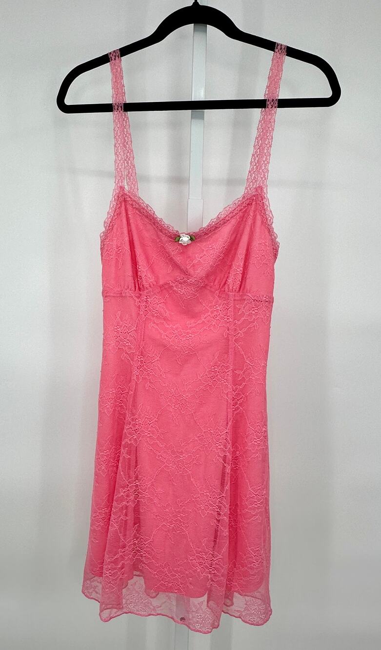 Lush Pink Lace Slip Dress Mini Coquette Balletcore Rosette Lace Trim Small